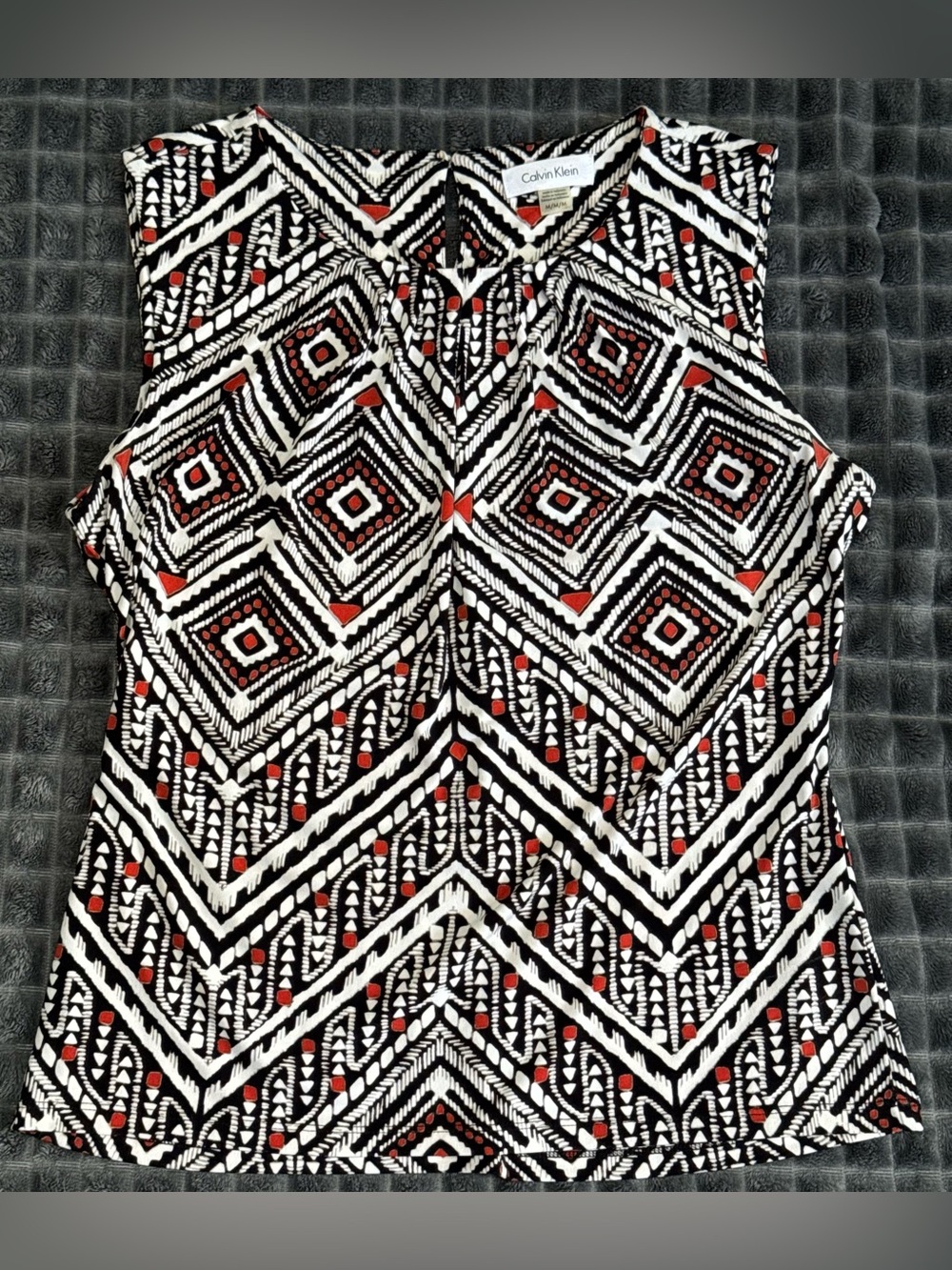 Calvin Klein Med Black Rust Orange Red Print Sleeveless Top Blouse Accents (B7) - Picture 2 of 6
